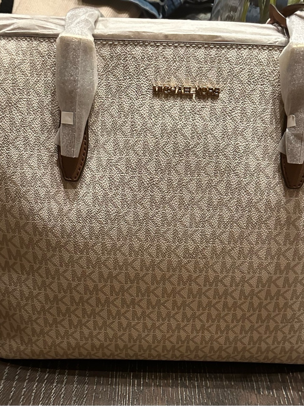 Michael Kors Cream Beige MK Logo Tote with Gold Hardware